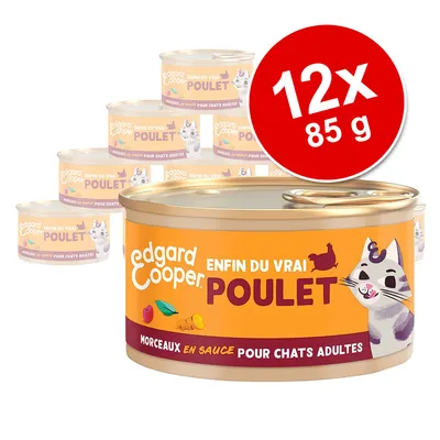 Lot de 12 boîtes Edgard Cooper Enfin du vrai Poulet, morceaux en sauce pour chats adultes, 85 g chacune. Texte visible sur l’emballage.