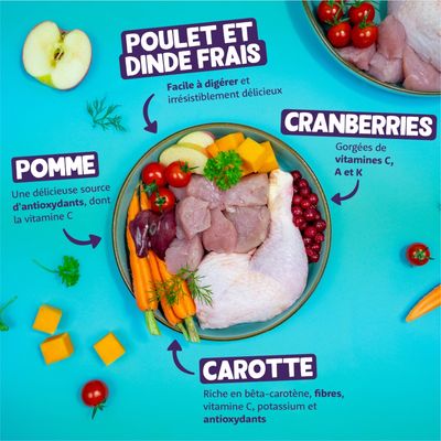 Poulet et dinde frais, pomme, carotte, cranberries. Texte visible : facile à digérer, source d'antioxydants, vitamines C, A, K, bêta-carotène, fibres, potassium.