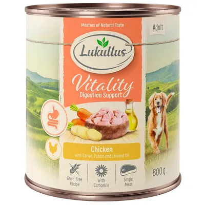 Lukullus Vitality Digestion Support Adult. Kuracie s mrkvou, zemiakmi a ľanovým olejom. Bezobilninová receptúra, s harmančekom, jedno druh mäsa. 800g konzerva.