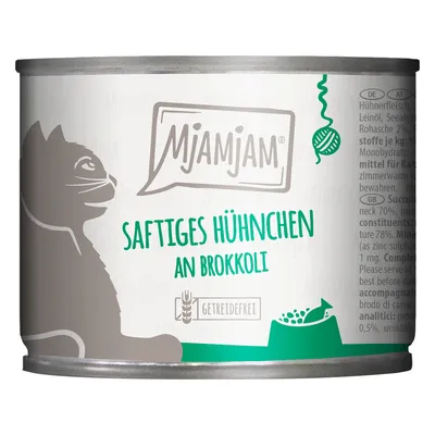 MjAMjAM Sappige kip met broccoli, graanvrij. Kattenvoer in blik met ingrediëntenlijst aan de zijkant.