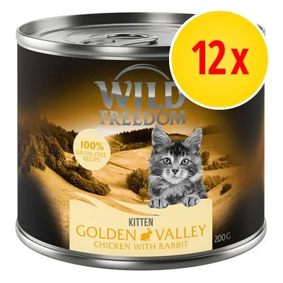 Wild Freedom Kitten Golden Valley Chicken with Rabbit, 200 g burk, 12-pack. Text: 100% grain-free recipe. Wild Freedom Kitten Golden Valley Chicken with Rabbit, 200 g burk, 12-pack. Text: 100% grain-free recipe.