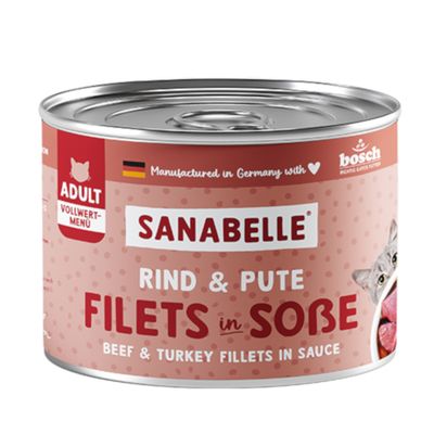 Sanabelle Schlemmertopf with fine goose & chicken + carrot. Complete food for adult cats, with olive oil. 100% exclusive ingredients.