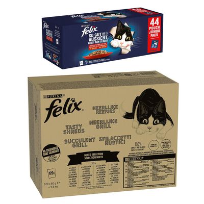 Felix 120 x 85 g comida húmeda + 44 x 85 g bolsitas ¡gratis! Tasty Shreds - Selección mixta en salsa + 44 x 85 g Pollo, vacuno, pato y cordero