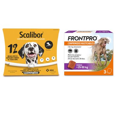 Scalibor collar de 65 cm para razas medianas y grandes, 12 meses efecto repelente frente al flebotomo. Frontpro comprimidos masticables 68 mg afoxolaner, perros >10–25 kg, 3 unidades, oferta % visible.