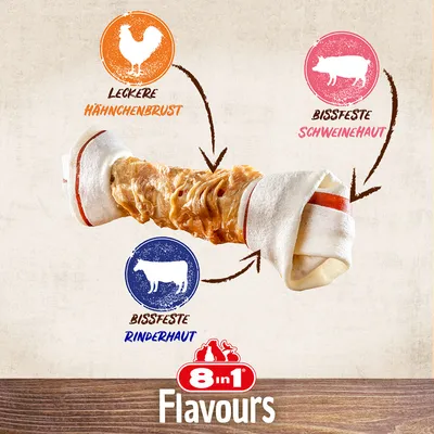 8in1 Flavours hundsnacks med smakrik kycklingbröst, segt svinhud och nöthud. Ingredienser markerade med ikoner: kyckling, gris, nöt.