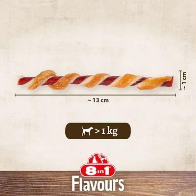 8in1 Flavours snack per cani, forma intrecciata, lunghezza circa 13 cm, diametro circa 1 cm, adatto a cani oltre 1 kg.