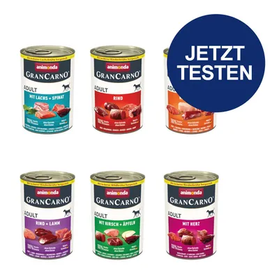 Animonda GranCarno Adult Nassfutter in sechs Sorten: Lachs & Spinat, Rind, Geflügel, Rind & Lamm, Hirsch & Äpfel, Herz. Jetzt testen.