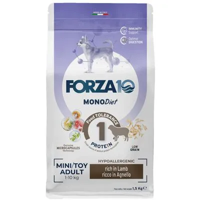 FORZA10 MONODiet hondenvoer, hypoallergeen, 1 eiwitbron, rijk aan lam, MINI/TOY ADULT 1–10 kg, 1,5 kg, low grain, exclusieve microcapsules technologie, made in Italy.