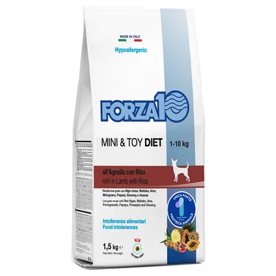 FORZA10 MINI & TOY DIET 1–10 kg, all’Agnello con Riso, hypoallergenic, intolerance alimentari, 1,5 kg. Vyobrazení ovoce a masa na obalu.