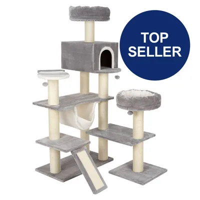 Kratzbaum mit mehreren Ebenen, Höhle, Hängematte und Sisal-Kratzflächen. Text: Top Seller.