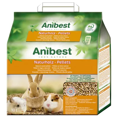 Sac Anibest Naturholz-Pellets 10 L, granulés de bois naturel pour petits animaux, texte multilingue, certification PEFC visible, photo de lapin et cochons d’Inde sur l’emballage.