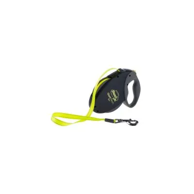 Guinzaglio avvolgibile Flexi Classic neon, impugnatura nera con scritta visibile e fettuccia gialla, moschettone in metallo nero.