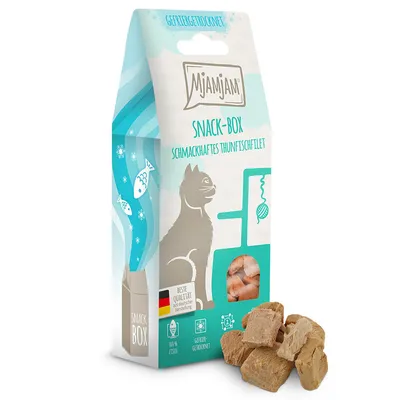 Mjamjam Snack-Box med frysetørret tunfilet. Fremstillet i Tyskland, 100% fisk, kornfri.