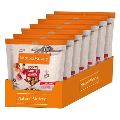 Nature's Variety Toppers, alimento crudo liofilizzato con 80% di carne di manzo. Per tutte le taglie e adulti. Mix it per più nutrienti e gusto.