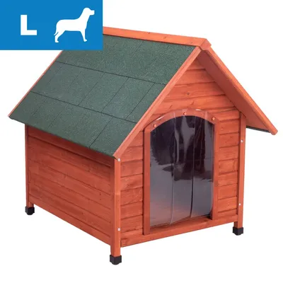 Large wooden outdoor pet house with green roof and transparent flap door, suitable for bigger pets as indicated by the size 'L' and animal icon in the top left corner. Large wooden outdoor pet house with green roof and transparent flap door, suitable for bigger pets as indicated by the size 'L' and animal icon in the top left corner.