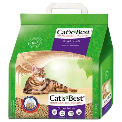 Cat's Best 100% Plantaardige Strooisel – Organic litter Smart Pellets, klontvormend, verpakking van 5 kg met afbeelding van kat en pellets. Zichtbare keurmerken en pictogrammen.