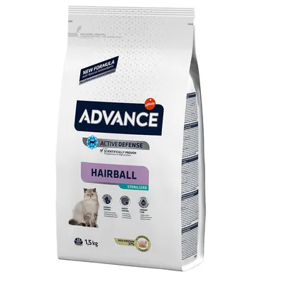 Advance Active Defense Hairball Sterilized, 1,5 kg. Imagen de un gato. Texto visible: High protein 37 %, Turkey, control bolas de pelo, control peso, cuidado urinario.
