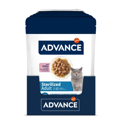 ADVANCE Sterilized Adult 1–10 years cat food with turkey, visible pack showing chunks in gravy and a grey cat image. Brand: affinity ADVANCE. Text: contributes to weight control.