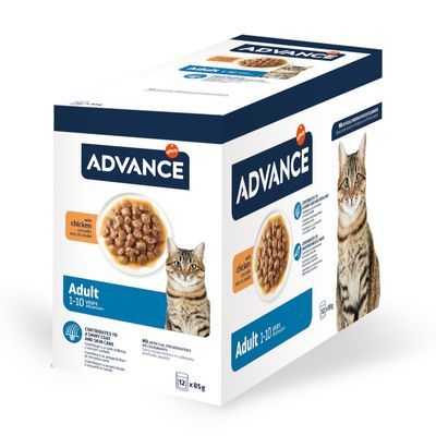 ADVANCE Adult kattenvoer met kip, zichtbaar: afbeelding van voer, kat, tekst 'Adult 1–10 years', 'no artificial preservatives', verpakking bevat 12 x 85g.