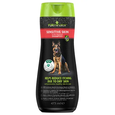 FURminator Sensitive Skin Ultra Premium шампоан, 473 мл. Помага за намаляване на сърбежа от суха кожа и подпомага здравето на кожата и козината.
