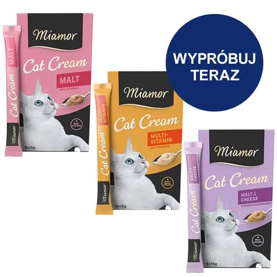 Miamor Cat Cream Malt, Multi-Vitamin, Malt & Cheese; opakowania 6×15g z wizerunkiem kota. Widoczny napis: WYPRÓBUJ TERAZ.