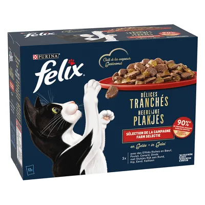 Purina Felix Délices Tranchés, 90 % de protéines animales, sélection de la ferme en gelée, avec bœuf, poulet, canard, dinde. Emballage avec illustration de la nourriture.