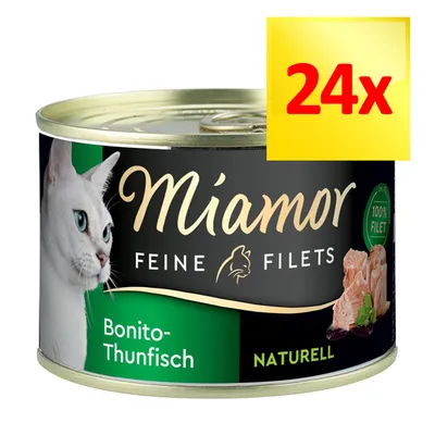 Miamor Feine Filets Bonito-Thunfisch Naturell, 100% Filet, opakowanie 24x. Na etykiecie widoczny kot i kawałki tuńczyka.