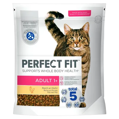 Sachet de croquettes pour chat Perfect Fit Adult 1+ riche en poulet, mentions visibles : supports whole body health, total 5, vitalité & agilité, muscles vigoureux, avec prébiotiques naturels. Sachet de croquettes pour chat Perfect Fit Adult 1+ riche en poulet, mentions visibles : supports whole body health, total 5, vitalité & agilité, muscles vigoureux, avec prébiotiques naturels.