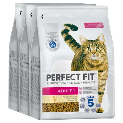 Perfect Fit Adult 1+ τροφή για γάτες, πλούσια σε κοτόπουλο. Υποστηρίζει ζωτικότητα, δυνατούς μύες και υγιή πέψη. Με φυσικά πρεβιοτικά. Συσκευασία με 5 οφέλη υγείας.