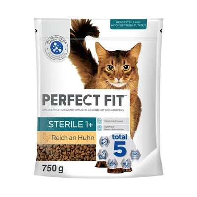 Perfect Fit Sterile 1+ hrană pentru pisici, bogată în pui, 750 g. Susține vitalitatea și condiția fizică, control optim al greutății. Ingrediente de calitate cu prebiotice naturale.