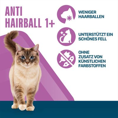 ANTI HAIRBALL 1+, weniger Haarballen, unterstützt ein schönes Fell, ohne Zusatz von künstlichen Farbstoffen.