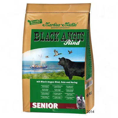 Markus Mühle Black Angus Rind Senior, kylmäpuristettu, Black Angus -naudanlihaa, ankkaa ja silliä. Iäkkäille koirille. Pakkauskoko: 15 kg.