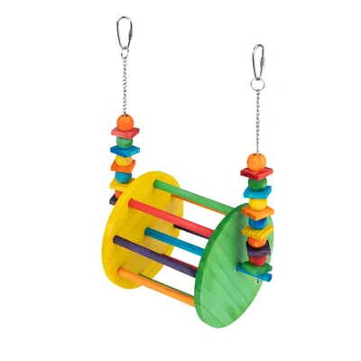 Hanging wooden toy with colourful beads and two metal chains with carabiner hooks, suitable for hanging.