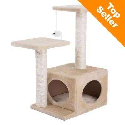 Arbre à chat beige avec deux plateformes, poteaux en sisal, cube avec deux ouvertures rondes et jouet souris suspendu. Bande orange en haut à droite : Top Seller. Arbre à chat beige avec deux plateformes, poteaux en sisal, cube avec deux ouvertures rondes et jouet souris suspendu. Bande orange en haut à droite : Top Seller.