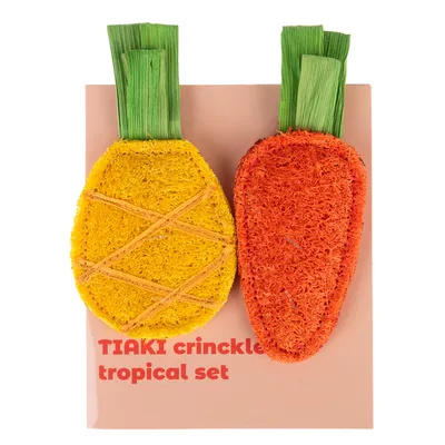 TIAKI crinkle tropical szett, sárga ananásszal és narancssárga répával zöld levelekkel.