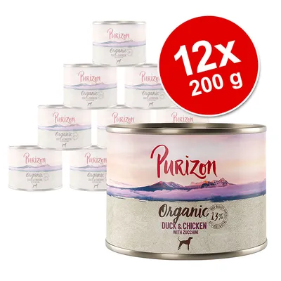 Purizon Organic Duck & Chicken with Zucchini, 12 x 200 g. Widoczne puszki z napisem 13% oraz grafika psa.