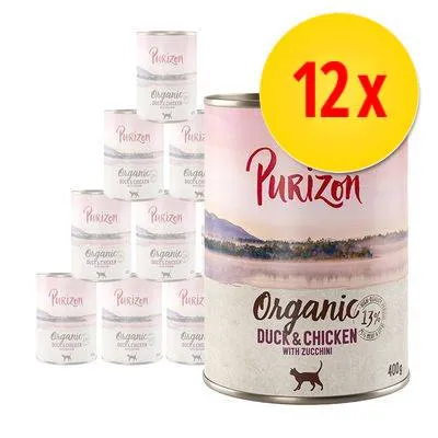 Lot de 12 boîtes Purizon Organic Duck & Chicken with Zucchini, 400 g chacune, texte visible : 13 % protéines, image d’un chat sur l’emballage.
