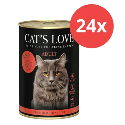 Cat's Love Adult Katzenfutter mit Rind, 97% Fleischanteil, getreidefreie Rezeptur, Made in Austria. Packung mit 24 Dosen.