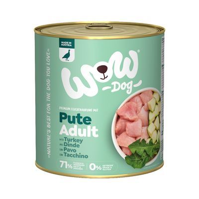 WOW Dog Pute Adult natvoer voor honden, met kalkoen. Tekst: 71% vlees & bijproducten, 0% granen en gluten. Made in Austria. Afbeelding van stukjes vlees en groenten op het etiket.