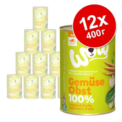 Комплект 12 консерви WOW Gemüse Obst 100%, по 400 г. Видими моркови, тиквички и надпис: Veggies & fruits. Текстът е на немски и английски език.