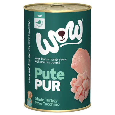 WOW Pute PUR konzerv, pulykahúsos nedves eledel kutyáknak. Felirat: Single-Protein Feuchtnahrung mit hohem Fleischanteil, Dinde-Turkey-Pavo-Tacchino, Made in Austria.