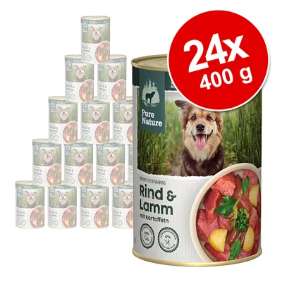 Pure Nature Rind & Lamm mit Kartoffeln, 24 Dosen à 400 g. Aufdruck: Premium Feuchtnahrung, 62% Fleischanteil, 0% Getreide.