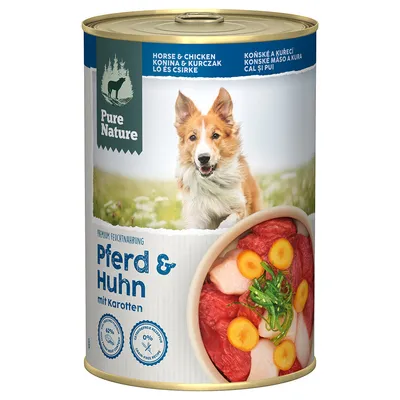 Pure Nature Premium Feuchtnahrung Pferd & Huhn mit Karotten, 62% tierische Zutaten, getreidefrei, Dose mit Abbildung von Fleisch und Karotten.