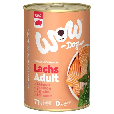 Wow Dog Premium wet food salmon adult, Made in Austria, 71% fish, meat & offal, 0% grain & gluten.