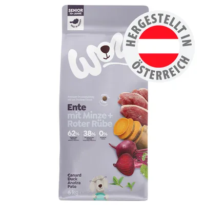 Ente mit Minze + Roter Rübe, 62% tierisches Protein, 38% pflanzliches Protein, 0% Getreide, Senior 10+ Jahre, hergestellt in Österreich, 6 kg Beutel