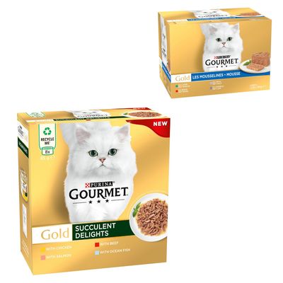 Purina Gourmet Gold Gravy Collection, крехки хапки в сос. Варианти: говеждо, пиле и дроб, сьомга и пиле, пуйка и патица. Опаковка 24x85g.
