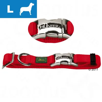 Červený nylonový obojek pro psy Hunter, velikost L, kovová spona s nápisem HUNTER, kovové očko a štítek Hunter na obojku. Červený nylonový obojek pro psy Hunter, velikost L, kovová spona s nápisem HUNTER, kovové očko a štítek Hunter na obojku.