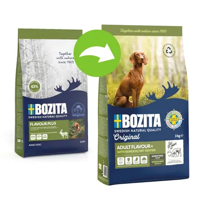 Преход към нова опаковка на Bozita Swedish Natural Quality Original Adult Flavour+ with Reindeer, 3 кг. Видими са старата и новата опаковка с лого и основна информация. Преход към нова опаковка на Bozita Swedish Natural Quality Original Adult Flavour+ with Reindeer, 3 кг. Видими са старата и новата опаковка с лого и основна информация.