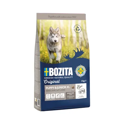 Bozita Puppy & Junior XL med lamm, 3 kg, vetefri sammansättning, Made in Sweden, 24% protein, 13% fett. Förpackningen visar en hund och återvinningssymbol.