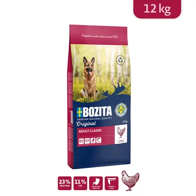 Bozita Original Adult Classic hundfoder, 12 kg, med 23 % protein, 11 % fett, stödjer matsmältning och tandvård. Med kyckling, tillverkat i Sverige.